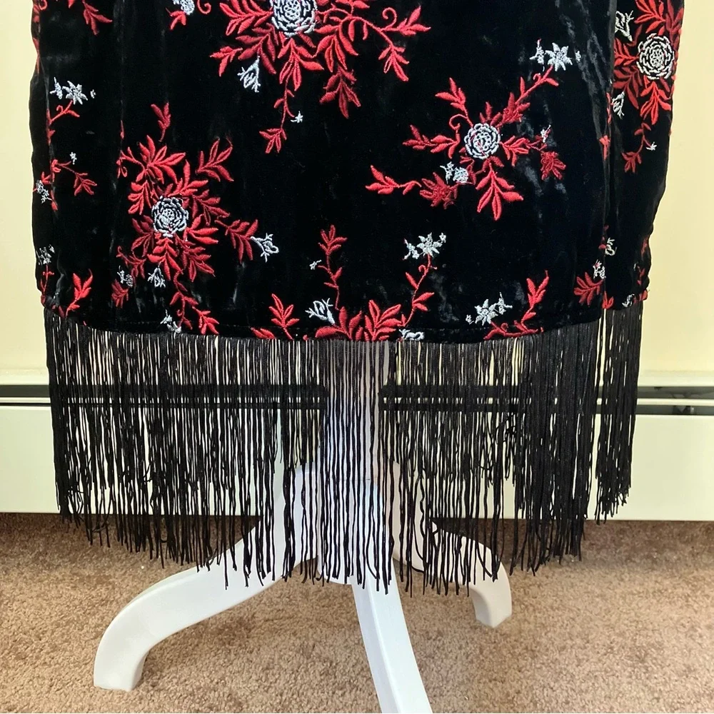 Maeve by Anthropologie Black Velvet Red Floral Embroidery Pencil Fringe Skirt - Picture 5 of 13